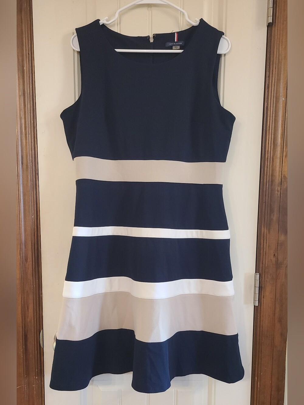Tommy Hilfiger Sleeveless Navy and Cream Striped Fit-and-Flare Dress Size 14